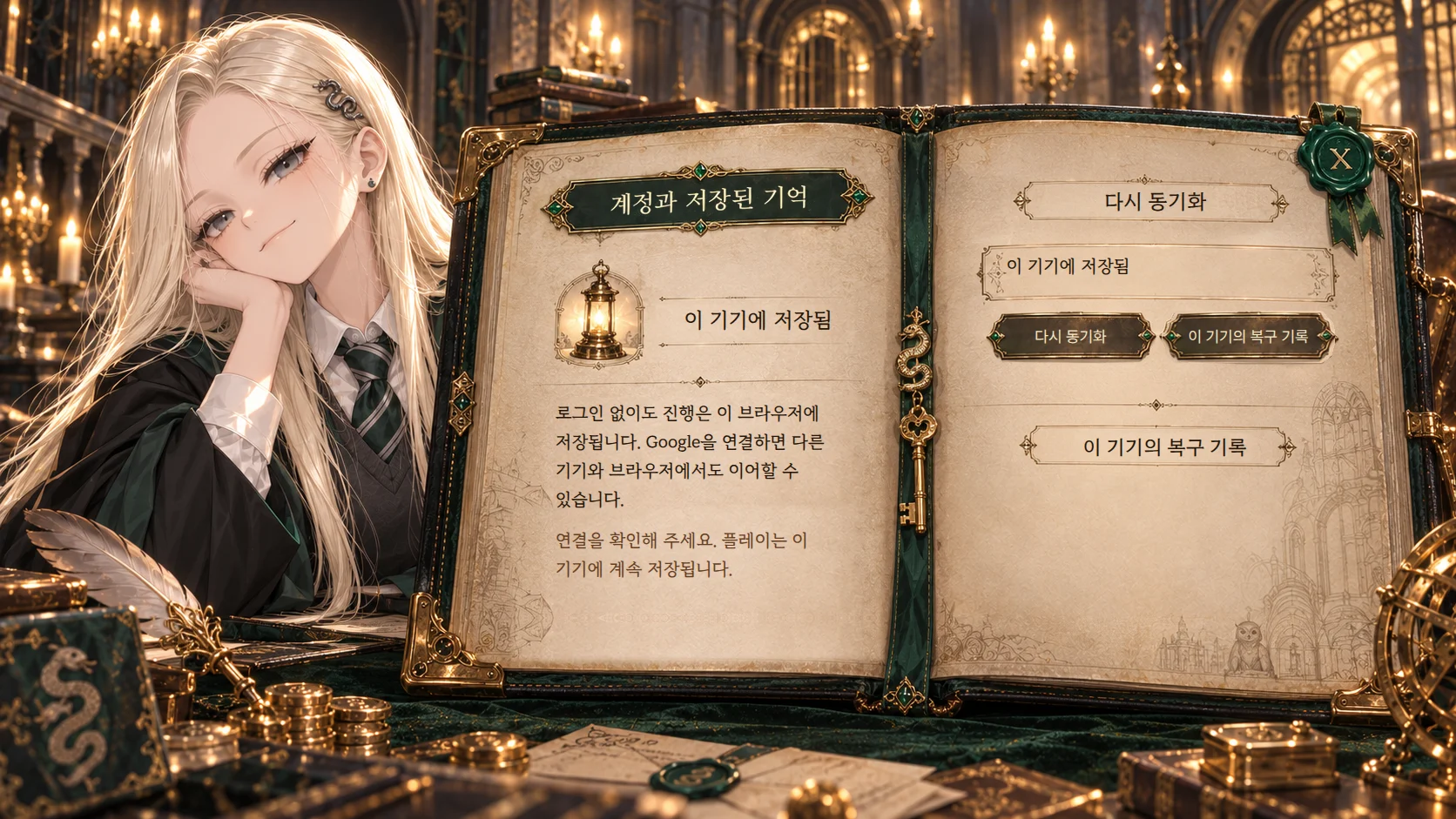 아델라 옆에 펼친 책 모양으로 표시되는 계정과 저장된 기억 화면